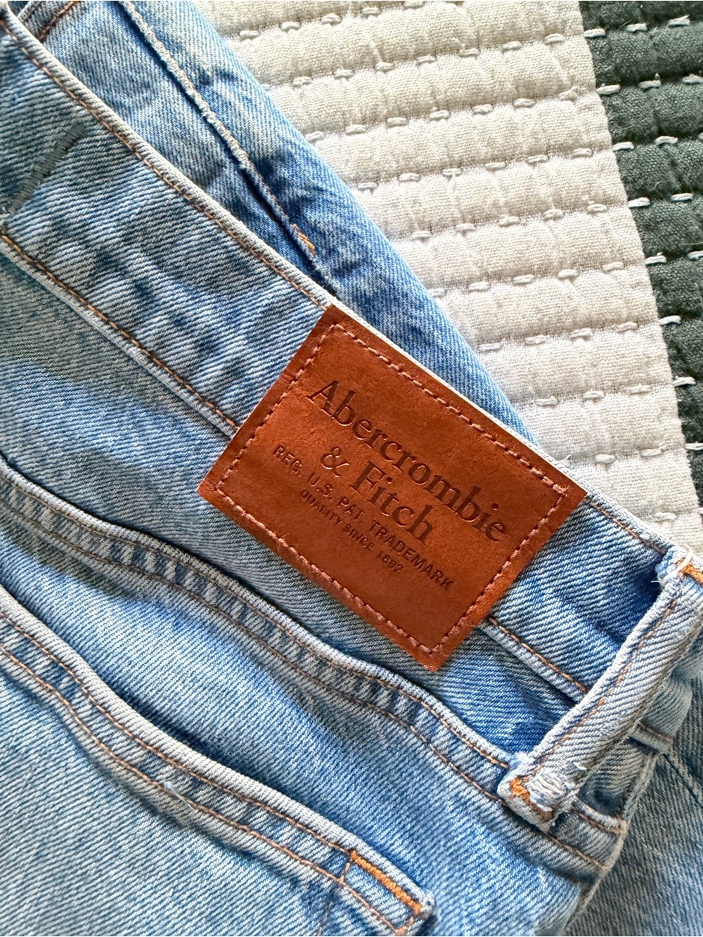 Abercrombie & Fitch Men's Light Blue Denim Jeans with Brown Leather Patch